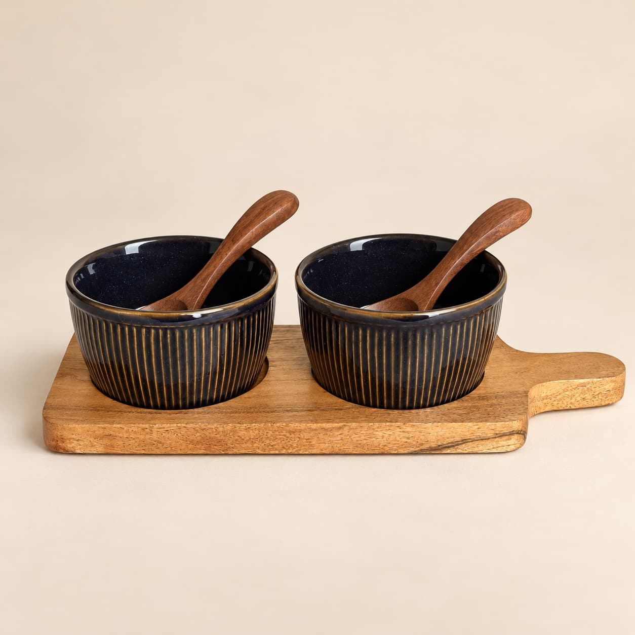 Neelrekha Fluted Soup Bowl Set with Wooden Tray — image 1 of 5